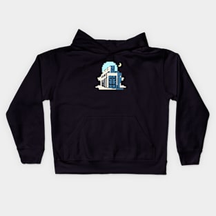 Simple pixel Building night and half moon Kids Hoodie